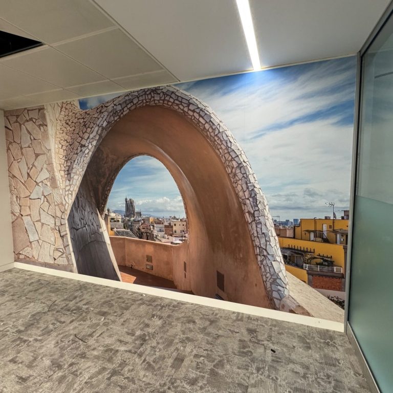 Vinyl graphic mural | The Vinyl Bay Vinyl graphic mural of a building view for office wall installation.